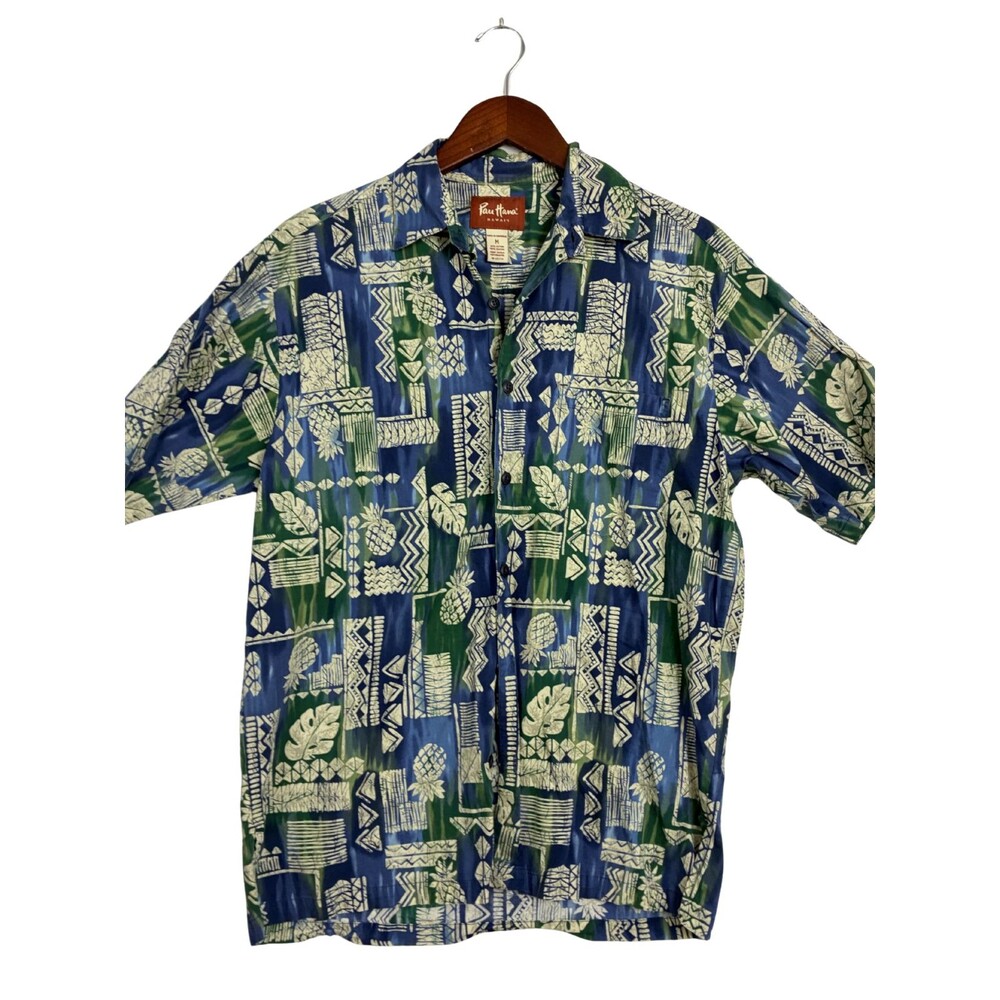 Pau Hana Hawaii Mens M Aloha Shirt Blue Green Pineapple Tropical Button Up